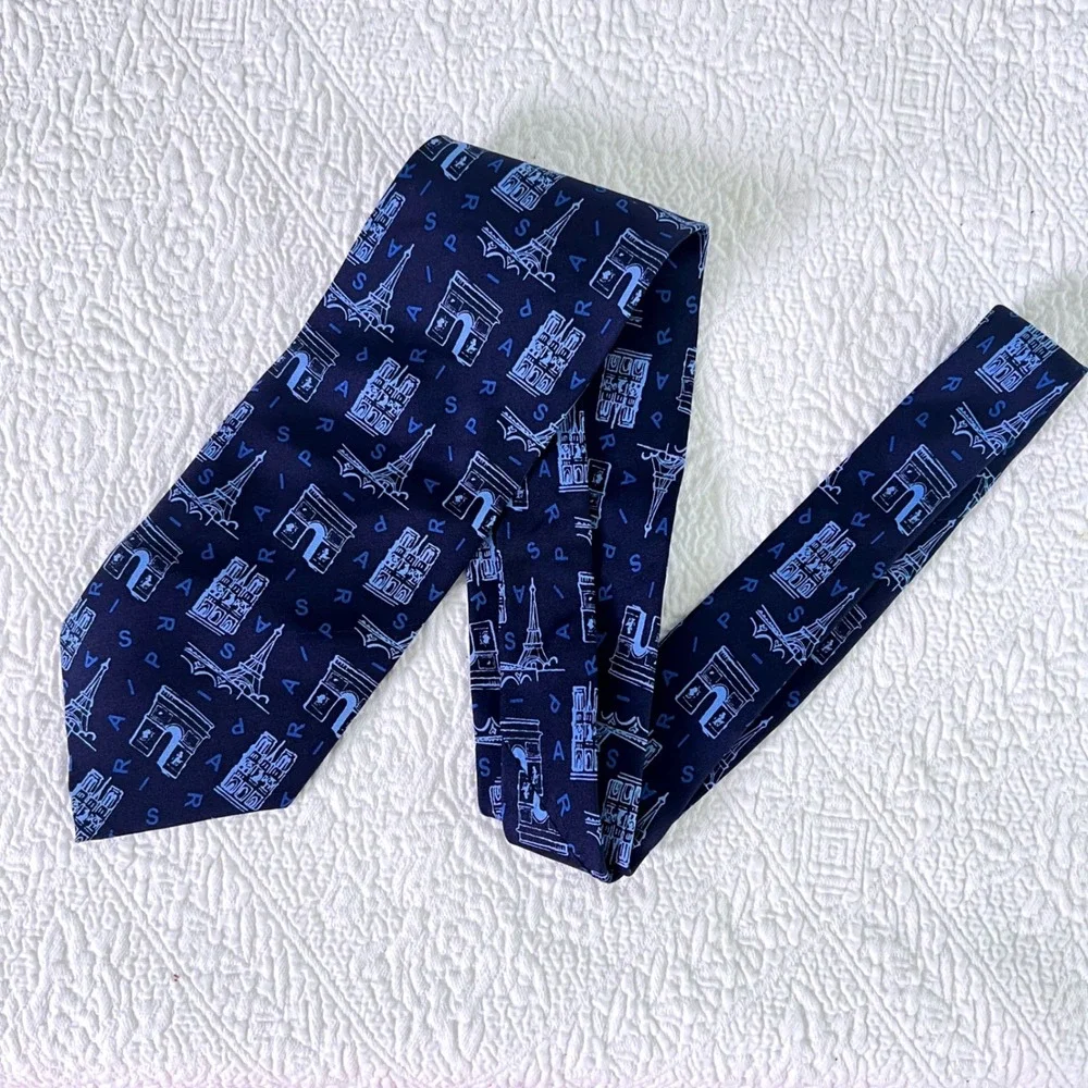 Paris Landmark Silk Tie OS Mens Navy Blue Eiffel Tower Arc De Triomphe Travel